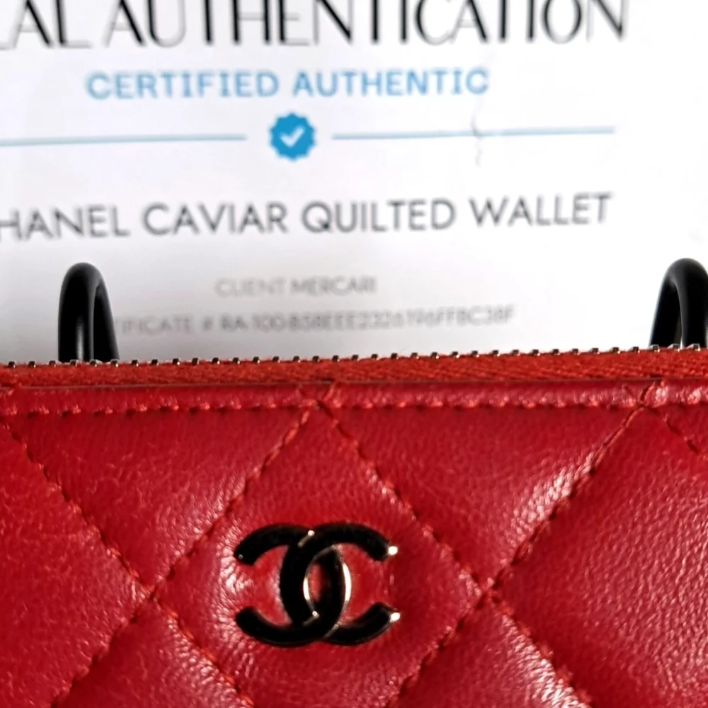 Chanel Red Quilted Cavier Zip Around Wallet With COA